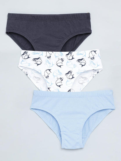 Boys Brief - Shark All Over Print & Solid Color Combo Pack Of 3 - CharmnCherish